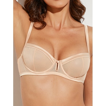 Deyllo Balconette Lace Bra Plus Size Non-Padded Underwired Support Unlined Mesh half Cup Demi See Through Bras Beige 40B