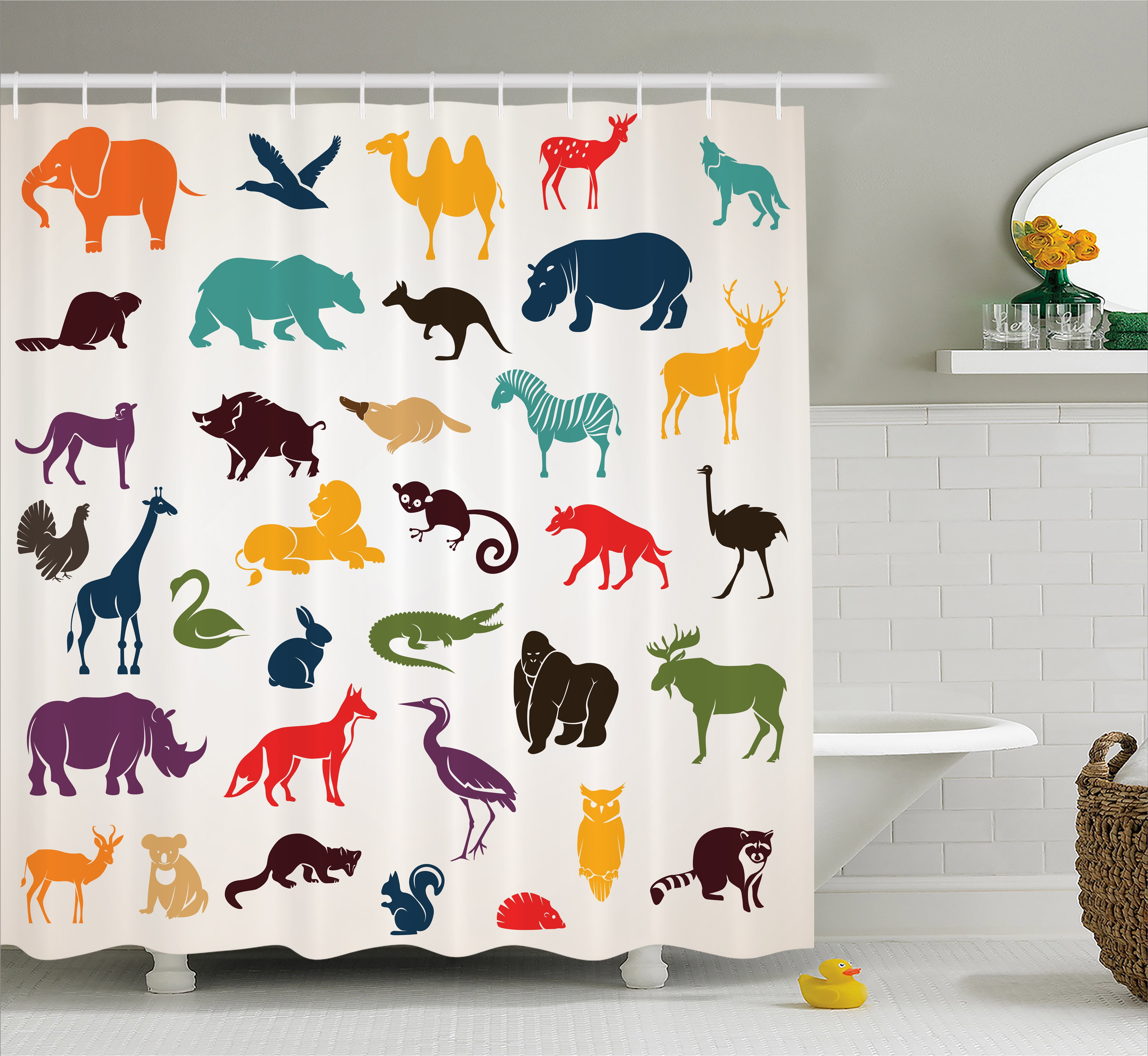 Zoo Shower Curtain, African and European Animal Silhouettes in Cartoon