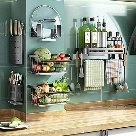 

Kitchen food rack: stainless steel wall hanging food basket no hole hanging pole household seasoning rack drain water sell one by one 18.1*8*6.9in 1pcs