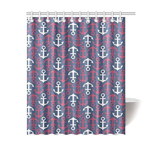 BSDHOME Nautical Chevron Anchors Waterproof Polyester Bath Curtain
