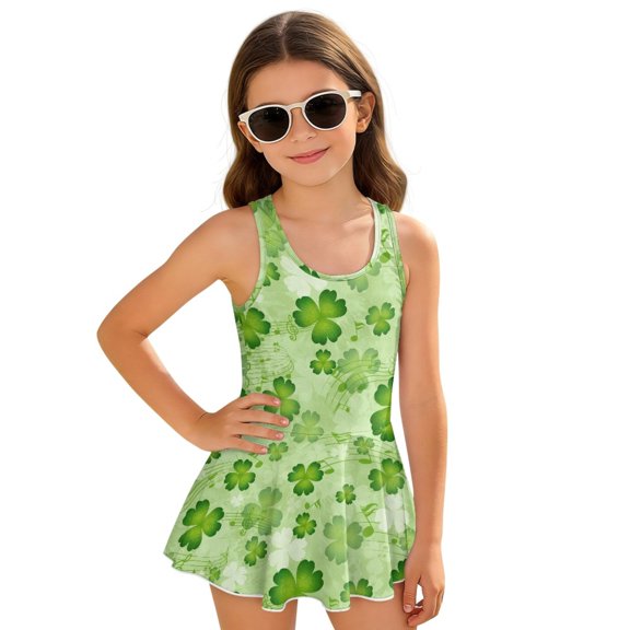 DISNIMO Girls One Piece Swimsuits Saint Patrick Leaf Print Quick Dry Swimwear Skirted Sleeveless Bathing Suit Soft Stretch Swim Dress for Hawaiian Beach Pool Party