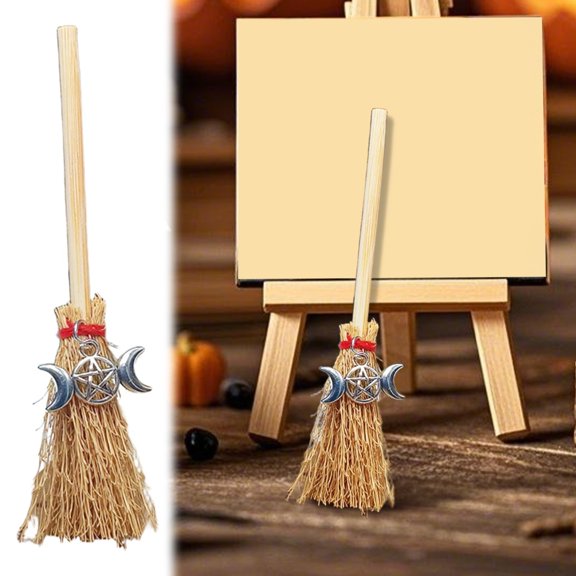 PPKVUFD Mini Witch Broom with Pendant, 4inch Halloween Magic Broom Ornament, Wooden Witch Broomstick DIY Broom Ornament for Party Tabletop Hanging Pendant Accessories