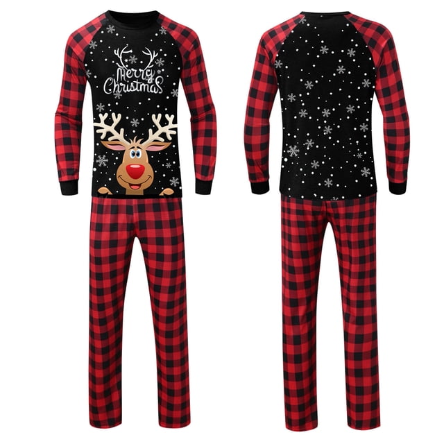 LSLJS Pyjamas de Noël Assortis pour la Famille, Tenue Parent-Enfant Ensembles de Noël Patchwork à Carreaux Imprimés Vêtements d'Intérieur Col Rond Manches Longues Pyjamas Ensembles Deux Pièces pour les Fêtes Ensemble de Vêtements de Nuit de Noël