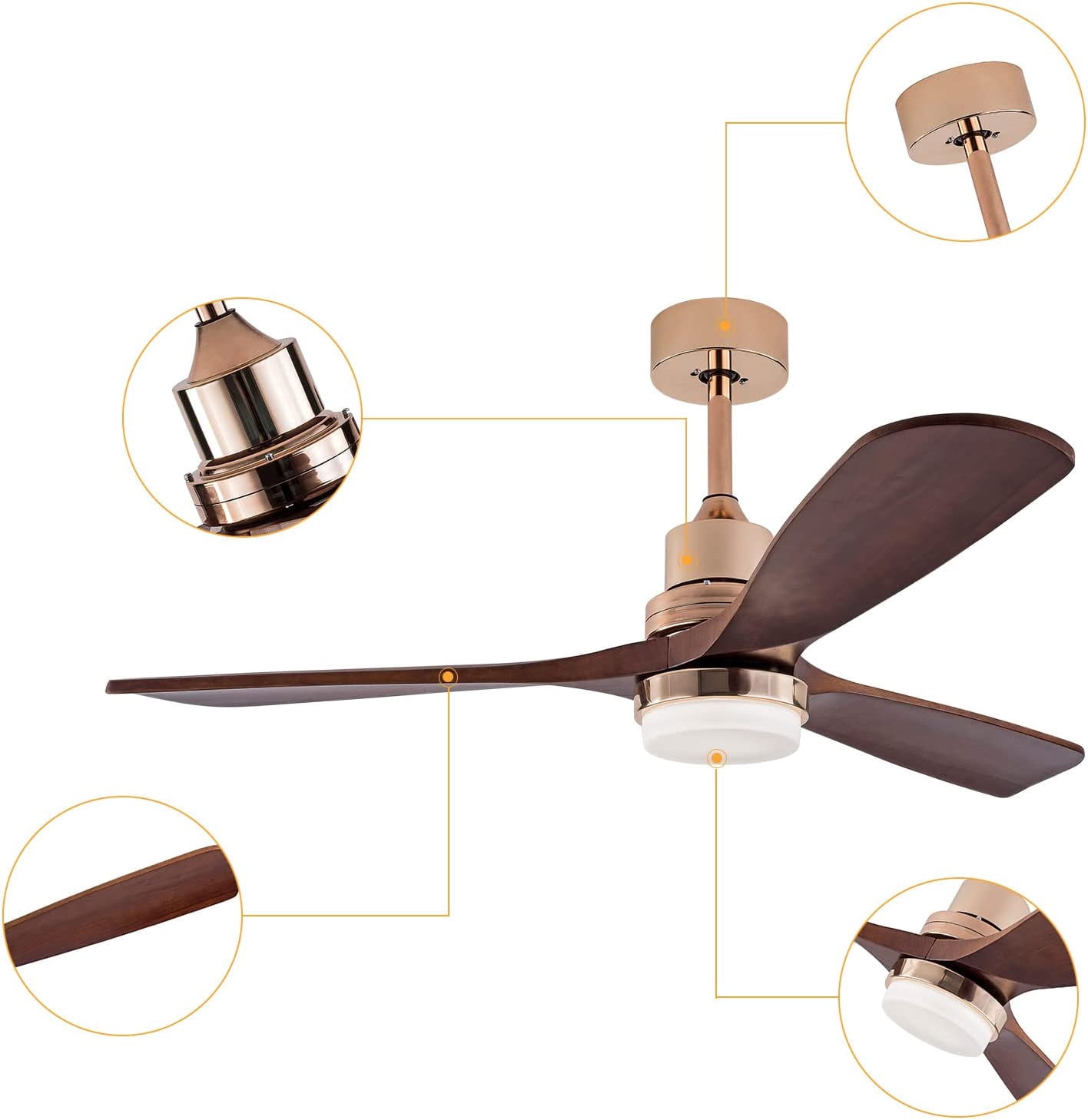 FETCOI 48" 3 Blades Wood Ceiling Fan, Dimmerable Downrod Outdoor Ceiling Fan with Lights and Remote Noiseless Reversible Motor Modern Ceiling Fan for Patios Bedroom Living Room (Walnut)