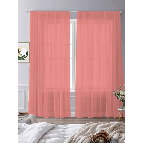Sheer Curtains 84 Inches Long 2 Panels, Coral Red Rod Pocket Curtain Voile Draperies, Solid Color Light Filtering Window Treatment for Living Room Kitchen Bedroom