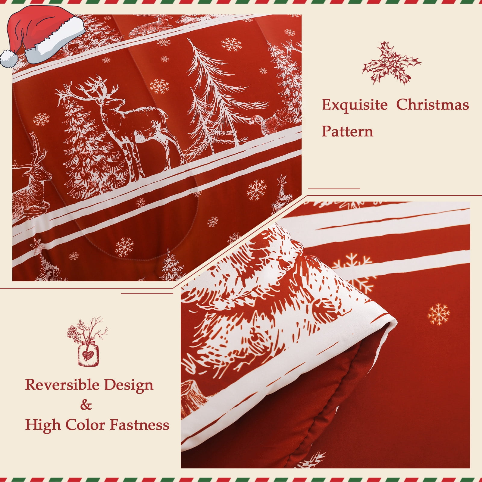 Exclusivo Mezcla Christmas Twin Size Comforter Set, 2 Pieces Reversible Rust Red Striped Down Alternative Comforter Sets, Printed Christmas Trees Snowflakes Pattern