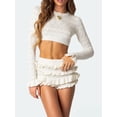 thumbnail image 2 of Gureui Women Fall Shorts Outfits Solid Color Crew Neck Long Sleeve Knit Crop Tops Ruffles Shorts 2 Pieces Clothes Set, 2 of 8