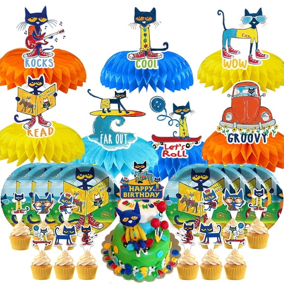 Pete the Cat Party Supplies Decor Plates Fans Decorations Honeycomb Centerpieces Cake Toppers