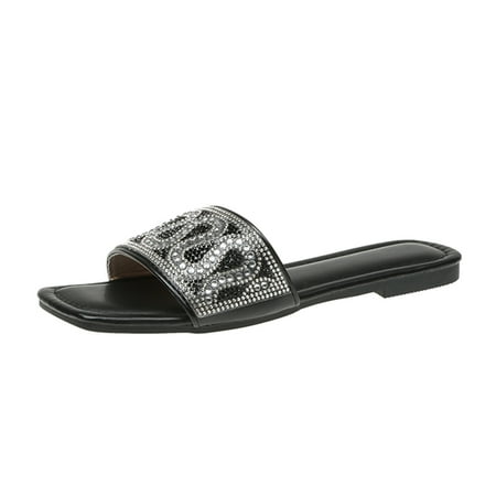 

Krdevn Ladies Fashion Summer Leather Rhinestone Decorated Square Toe Open Toe Flat Slippers Black 7