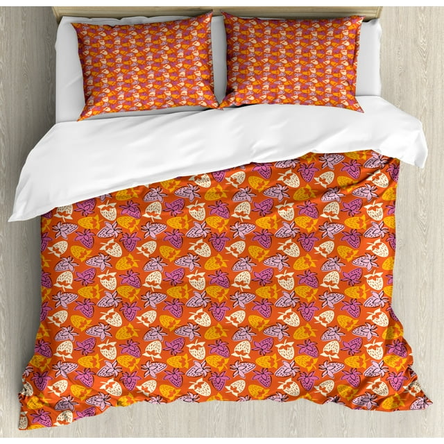 Fruit Duvet Cover Set Queen Size, Strawberries Drawn on a Tangerine