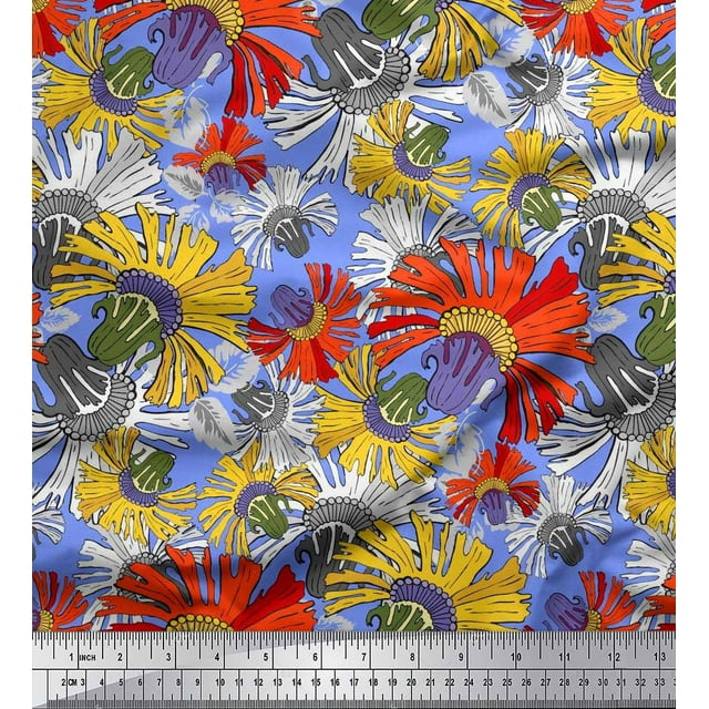 Soimoi Polyester Crepe Fabric Flower Artistic Print Sewing Fabric Yard 52 Inch Wide