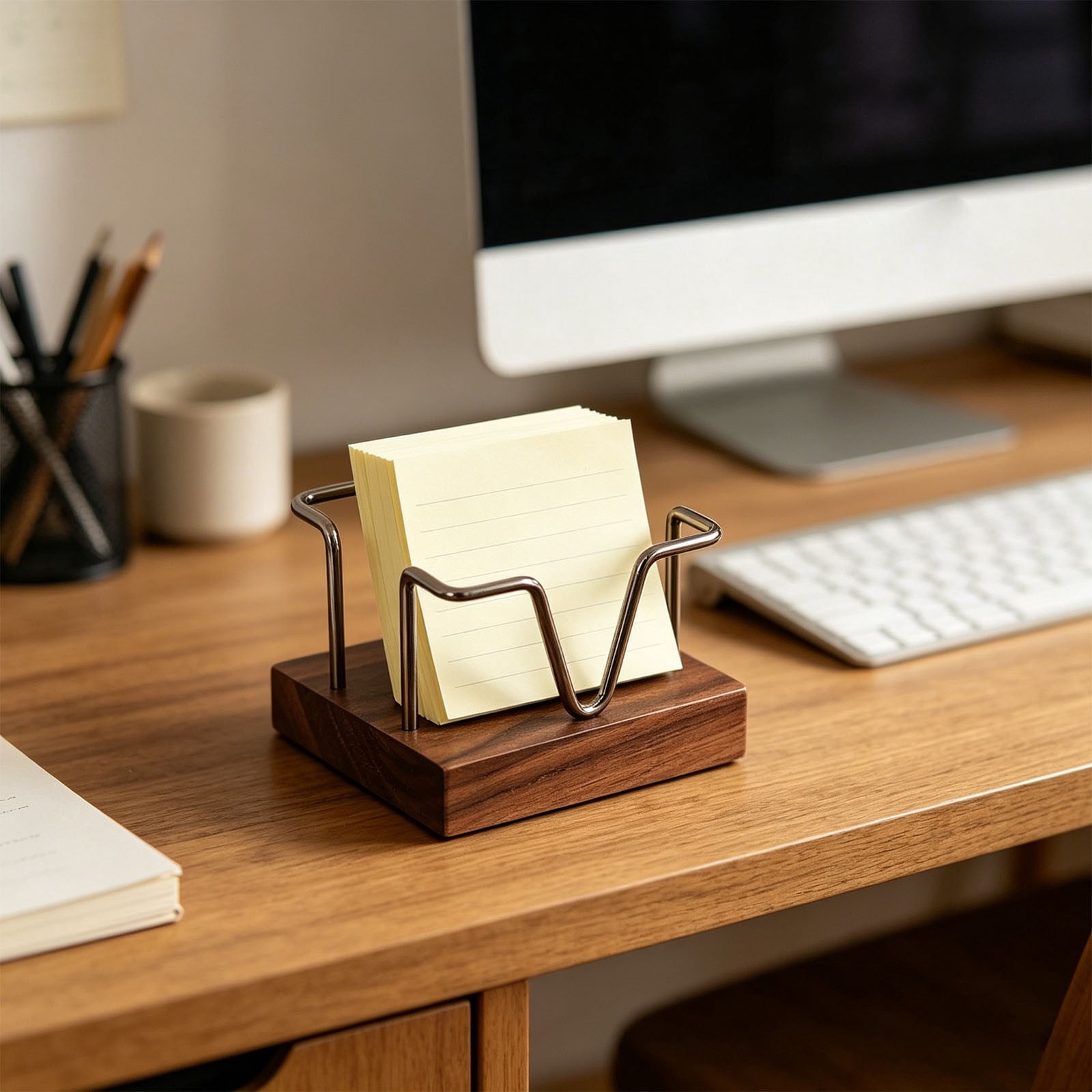 Wood Sticky Note Holder,Heavy-Duty Self Stick Note Pad Holder for Desk,Sturdy Notes Organizer,3.7x1.96 inch Post It Note Dispenser Desk Accessories for Work and Office Desk Organizer (Silver)