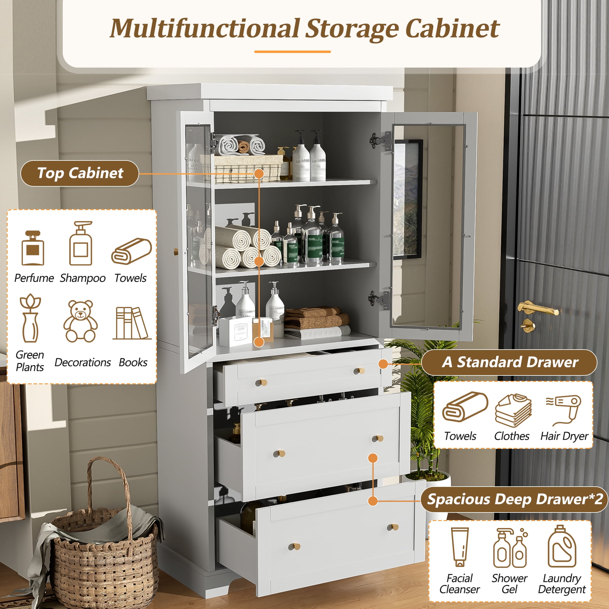 Euroco 70.1" Modern High Freestanding Tall Bathroom Cabinet with 2 Adjustable Shelves, 3 Drawers, Soft Close Glass Doors – Ideal for Bathroom, Living Room, Kitchen Storage