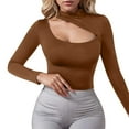 thumbnail image 2 of Aobny Brown T Shirts Mock Neck Women Long Sleeve Cutout Shirts Asymmetrical Plus Size Going Out Tops,L, 2 of 5