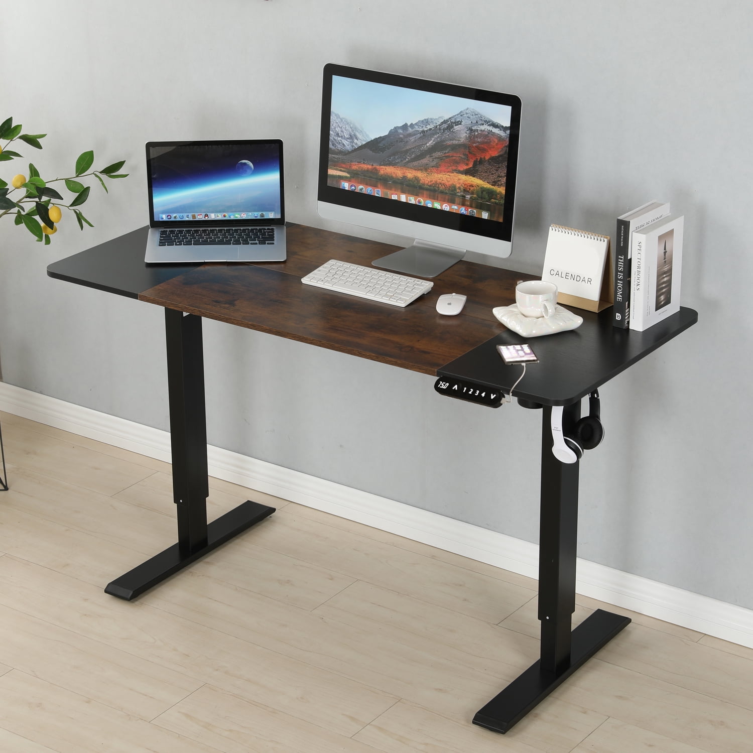 55" Electric Standing Desk,Office Table & Sit Stand Up with Adjustable Height,Rising Desks for Home Office,USB,LED,4 Programmable Memory Buttons (Black+Brown)