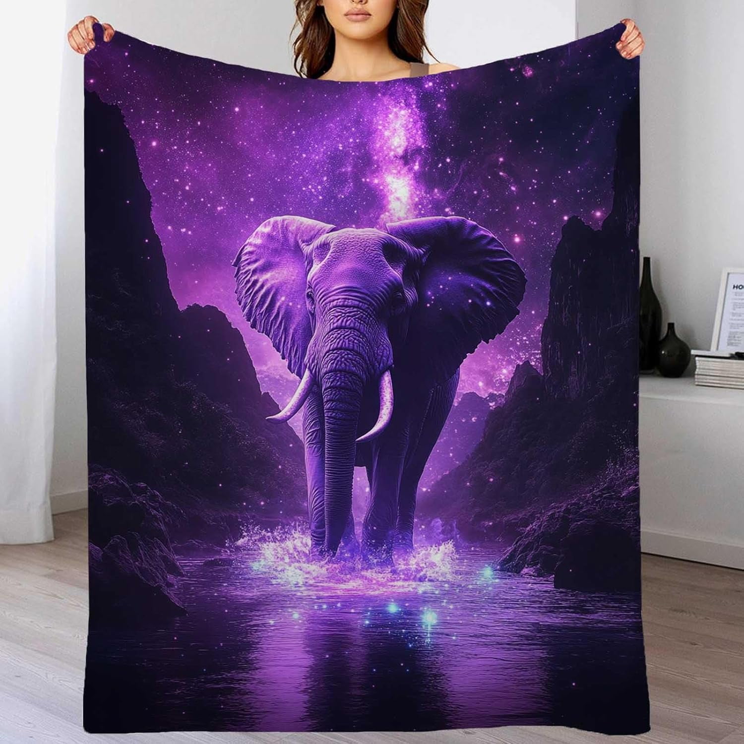 Elephant Throw Blanket Elephant Gift for Women Men Fleece Purple Print Pattern Soft Plush Lightweight for Couch Sofa Bed and Living Room Decor 50x60 inches