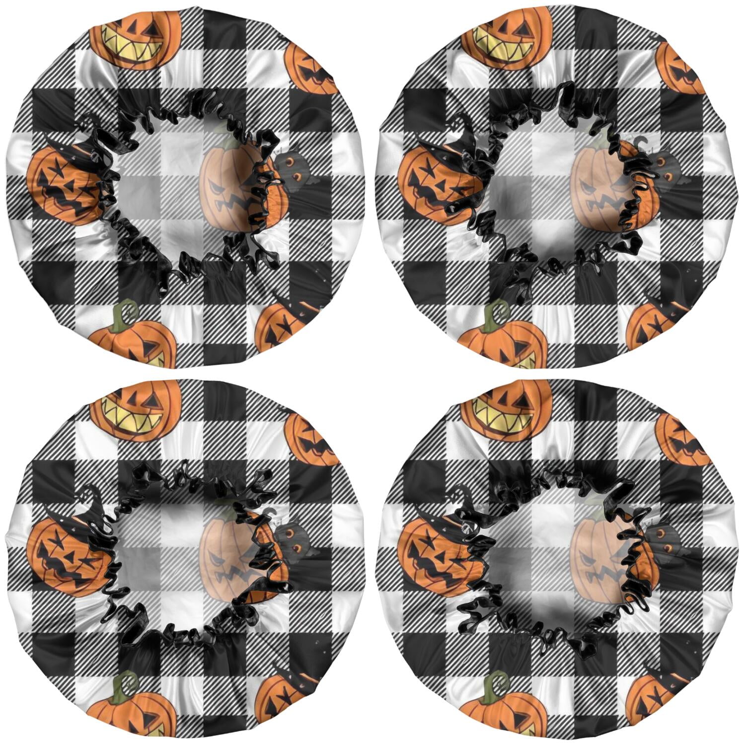 Shower Caps,Checkered Halloween Pumpkin Pattern Waterproof Shower Cap for Women 4 Pieces,Double Reusable Hair Cover for Shower PEVA Elastic Stretch Hem