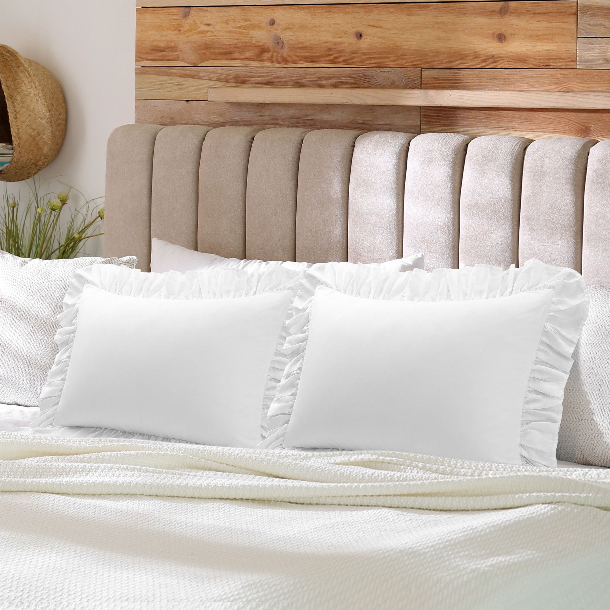 Unique Bargains 2 Pcs 100% Cotton Envelope Closure Ruffled Pillowcases White Standard