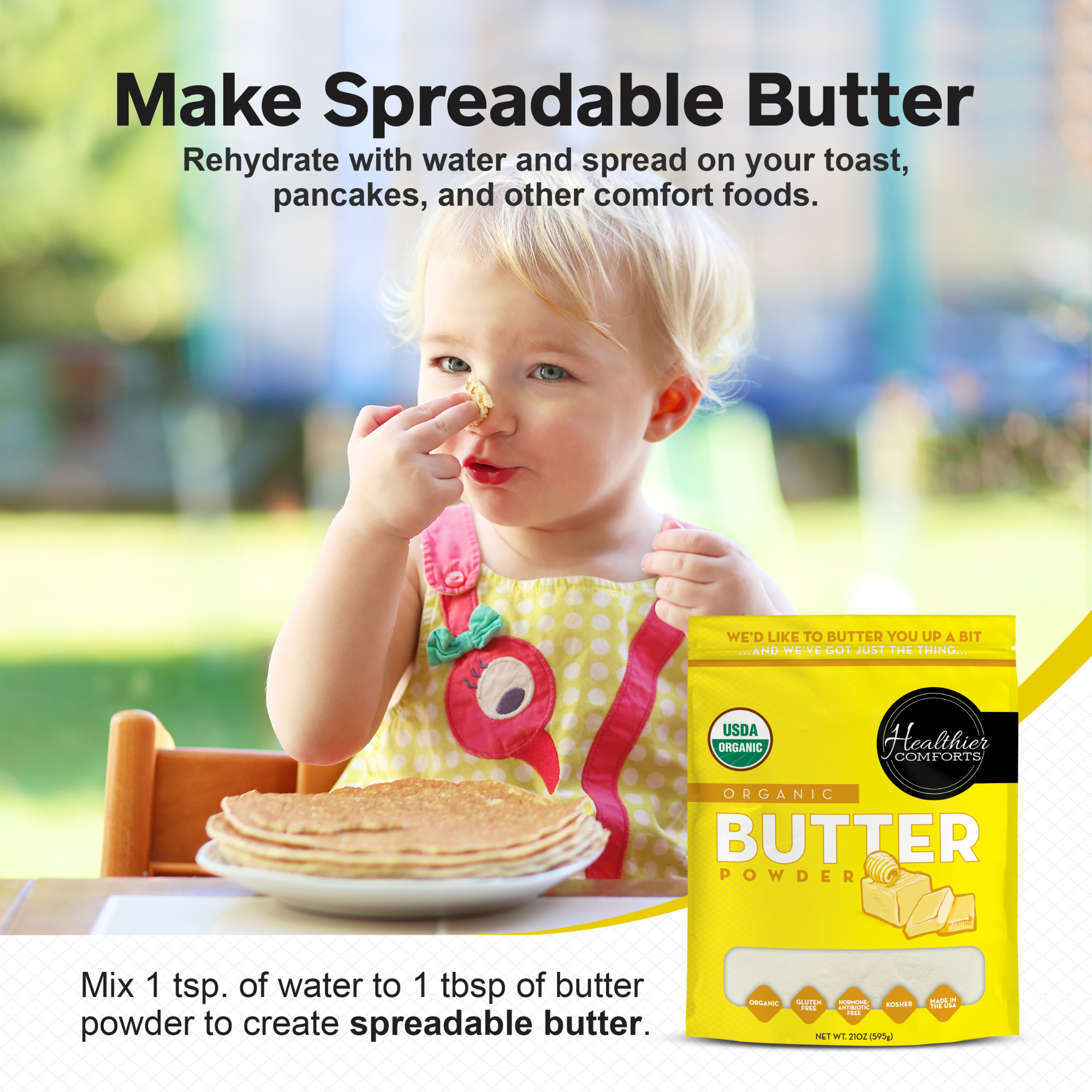 Healthier Comforts Organic Butter Powder 21oz | USDA Certified Organic Dehydrated Unsalted Butter | Kosher, Gluten Free, Non-GMO | Popcorn, Baking, Seasoning