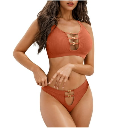 jobturf Women s Ribbed Knit Cutout Matching Bra and Panty Set 2 Piece Spaghetti Strap Seamless Support Underwear Sports Bras Sets Orange Free Size