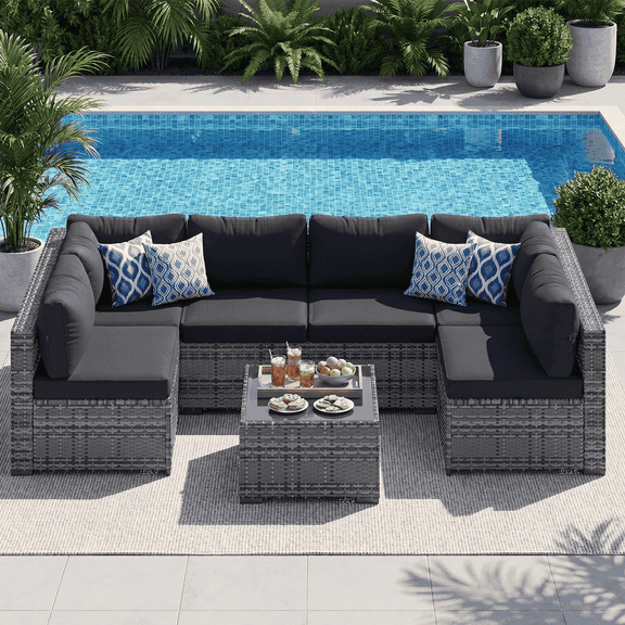 Dateyes 7 Pieces Patio Conversation Set, Rattan Wicker Outdoor Sectionals with 6 Sofas and 1 Coffee Table, Black/Gray