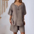thumbnail image 5 of GILIGEGE Linen Sets for Women 2 Piece Summer Cotton Linen 2 Piece Short Set for Women Solid Color Summer Loose Short Sleeve Matching Set Shorts Lounge Beach Vacation Two Piece Outfits Tracksuits, 5 of 6
