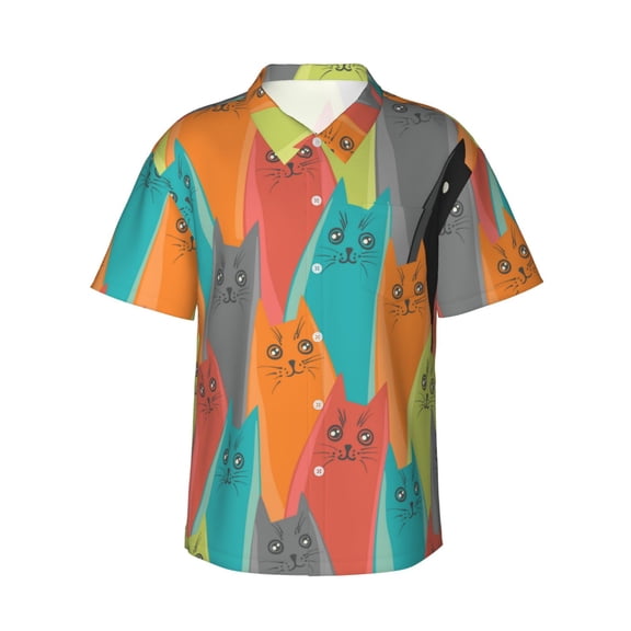 Funny Cat Hawaiian Shirts For Men, Summer Short-Sleeve Relaxed-Fit Button-Down Shirts X-Large