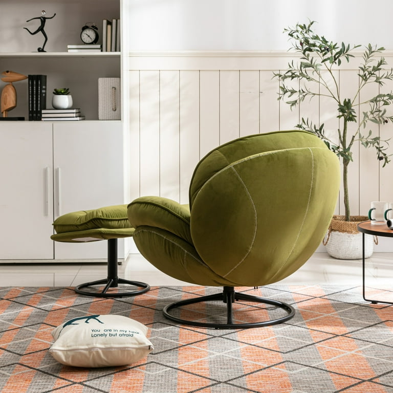Large Tufted Accent Egg Chair with Ottoman Upholstered Chair and Footrest with Metal Round Base Soft Velvet Fabric Sofa Chair Stool for Living Room