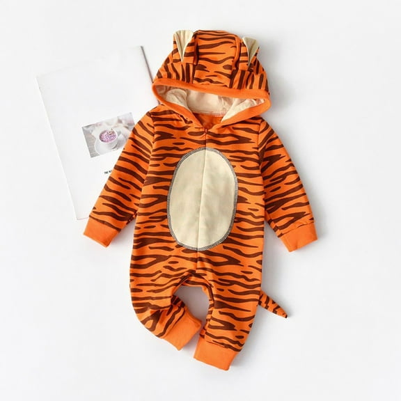 XQYLOS Baby Toddler Halloween Tiger Jumpsuit Hooded Tail Romper for Boys Girls Dress Up P𝖺rty Animal Outfit Thanksgiving Christmas