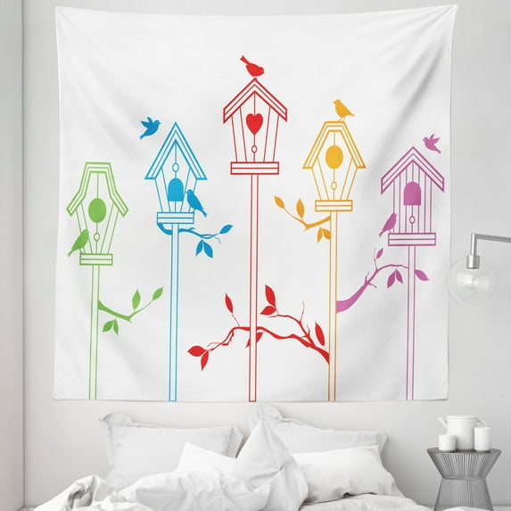 Colorful Tapestry, Colorful Bird Houses Nest with Flying Birds on the Roof Branches Animal Life, Fabric Wall Hanging Decor for Bedroom Living Room Dorm, 5 Sizes, Multicolor, by Ambesonne