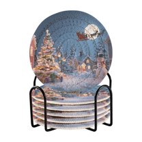6 Pcs Drink Coasters with Holder 3.94in Woven Coasters for Drinks Christmas Night Scene Coaster Set for Protection Table