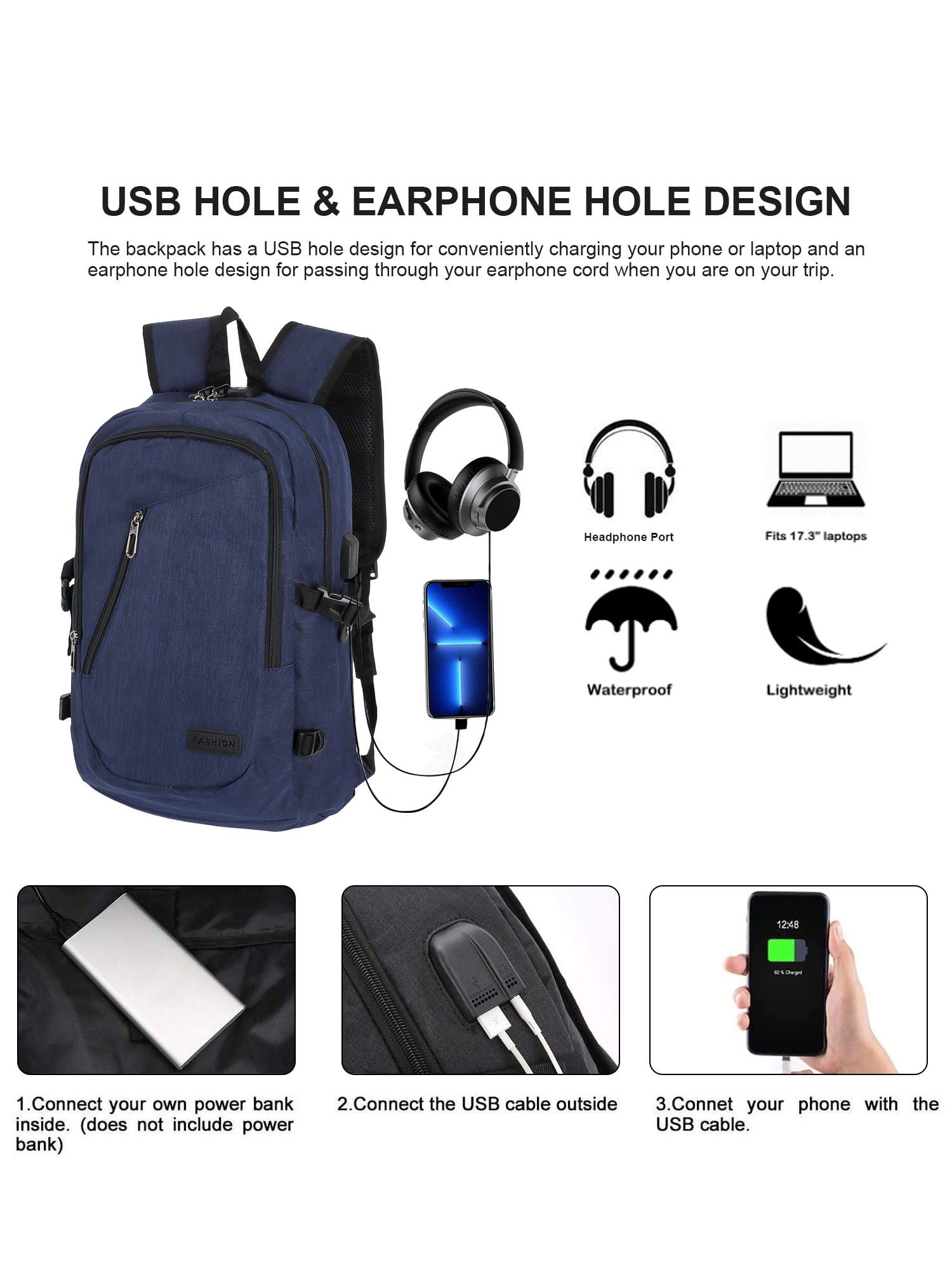 Gustave 15.6 Inch Anti Theft Laptop Backpack Large Capacity Waterproof Travel Daypack Business Computer Bag for Women Men with USB Charging Port "Blue"