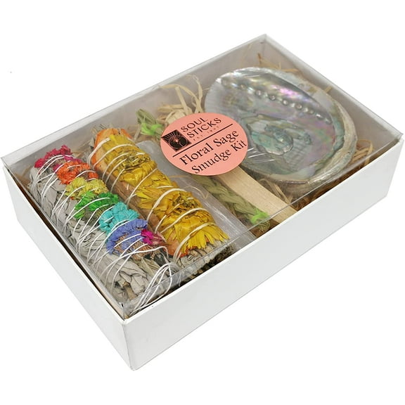 Soul Sticks Floral Sage Smudge Kit Rainbow Yellow Gift Set with 2 Floral White Sage Smudge Sticks, Smudge Shell, Palo Santo Stick, 4" Selenite Wand and Sweetgrass
