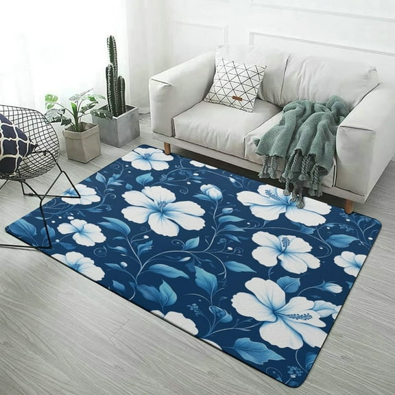 Black with White Hibiscus Hawaiian Flower Pattern (2)-2 Home Decor Living Room Carpet Non-slip Soft Comfy Floor Rug Kitchen Bedroom Entrance Doormat Mats