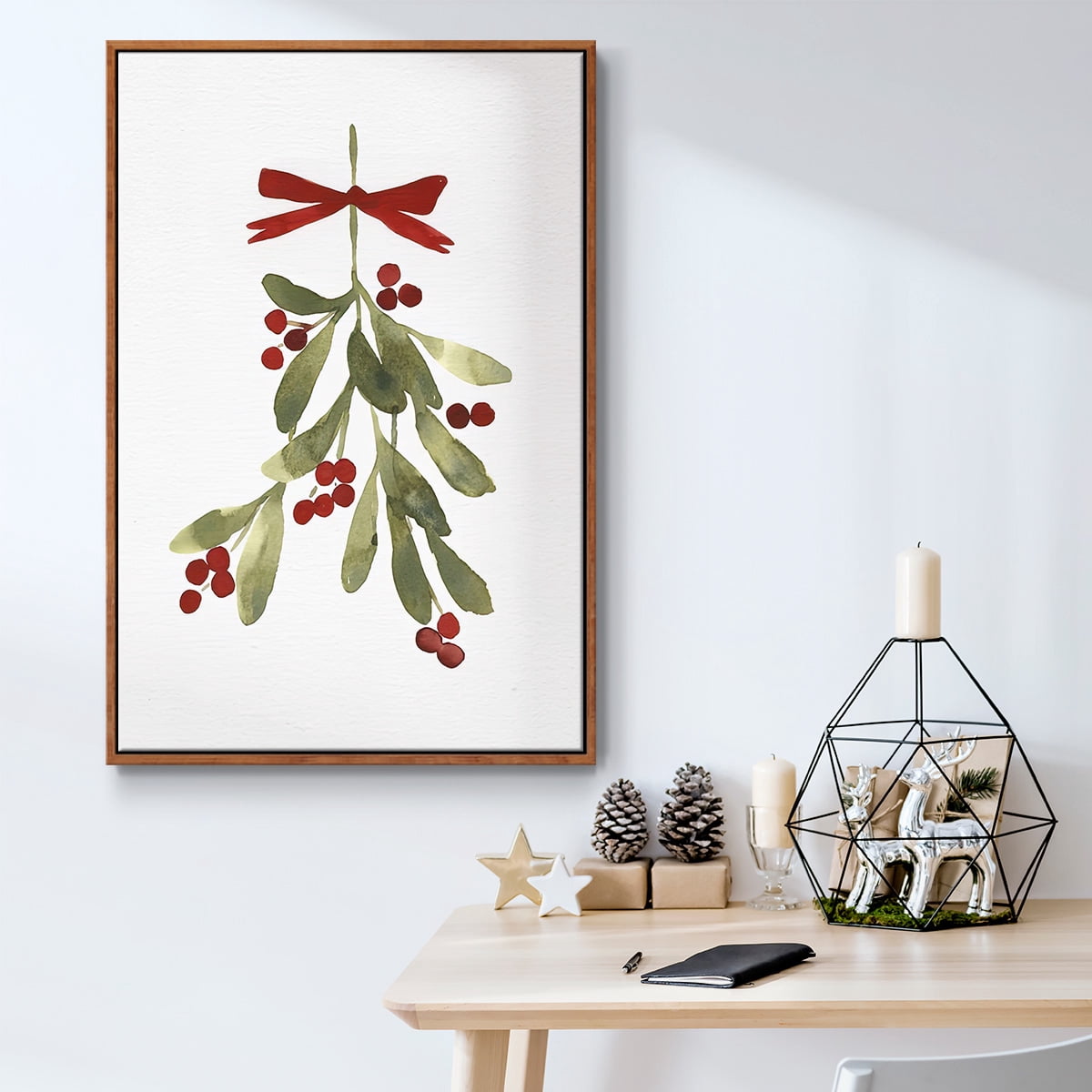 Mistletoe Bow I - Framed Gallery Wrapped Holiday Canvas - 27 x 41 - Rosewood Frame