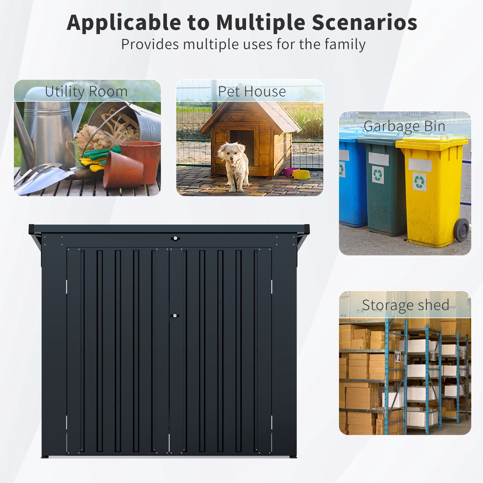 Metal Outdoor Garbage Bin Shed for 2 Trash Cans Black WIth Sloped Roof