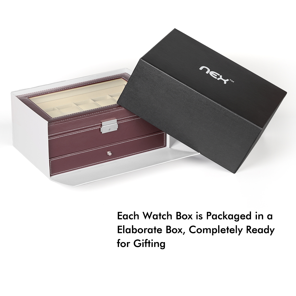 NEX Double Layer Watch Organizer Case with Jewelry Tray Drawer - Brown