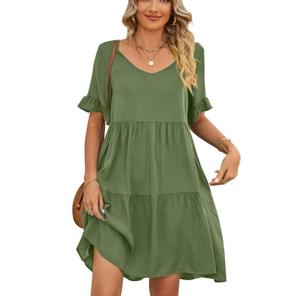 Womens Summer Dresses 2024 Swing V Neck Short Sleeve Midi Dress with Packet Fashion Casual Fit Elegant Vacation Sundress (Army Green,XX-Large)
