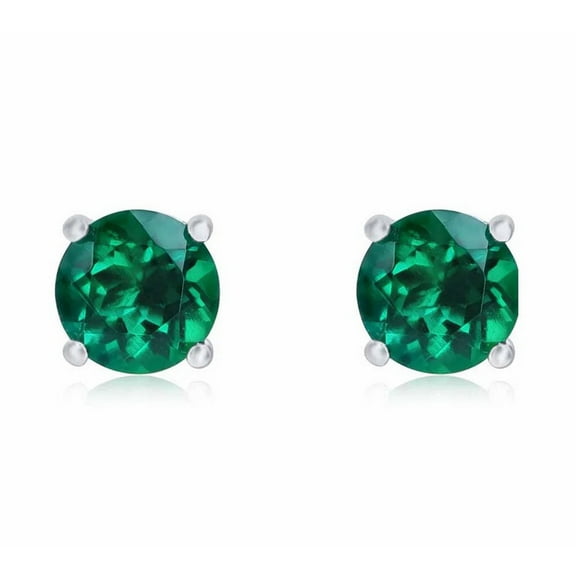 14k White Gold Round Plated Emerald Stud Earrings by Paris Jewelry