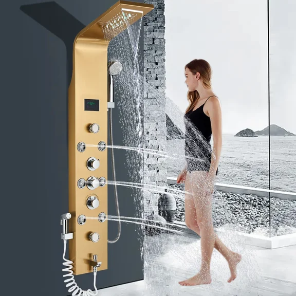 Gold LED Shower Panel Tower Massage System Rain&Waterfall Jets Faucet Stainless Steel