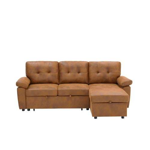 88.5" Convertible L-Shaped Pull-Out Sectional Sofa Bed with Storage Chaise & Soft Padded Armrests, Foil Fabric Upholstery, Light Brown