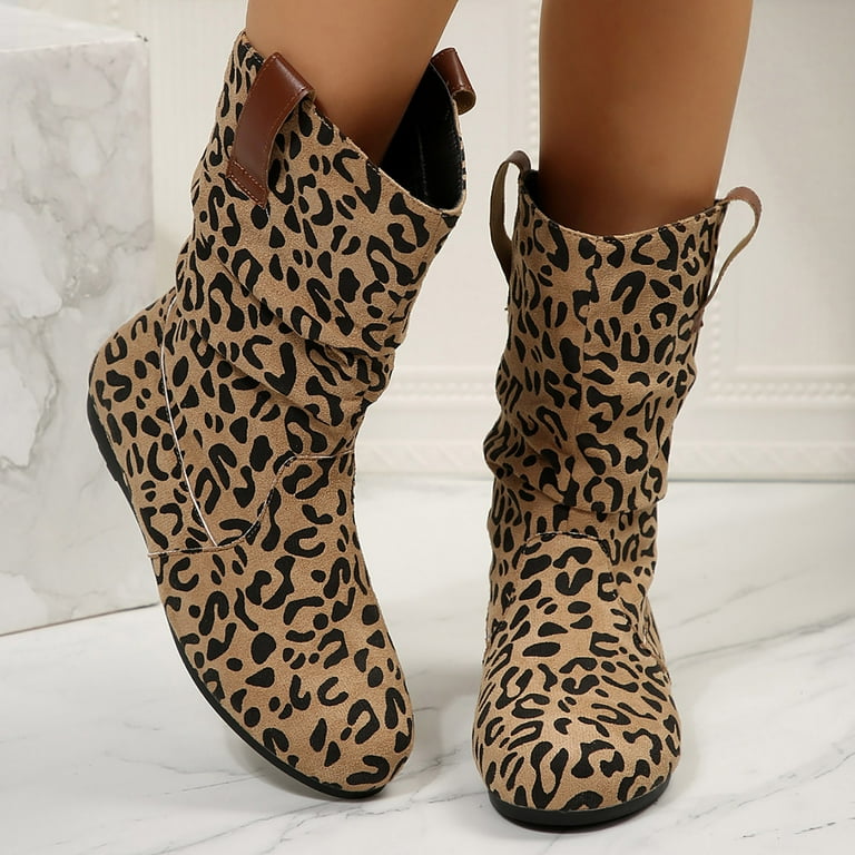 Women Cowboy Western Ankle Boots Fashion Women Flock Flat Slip On Leopard Prints Warm Short Booties Round Toe Shoes