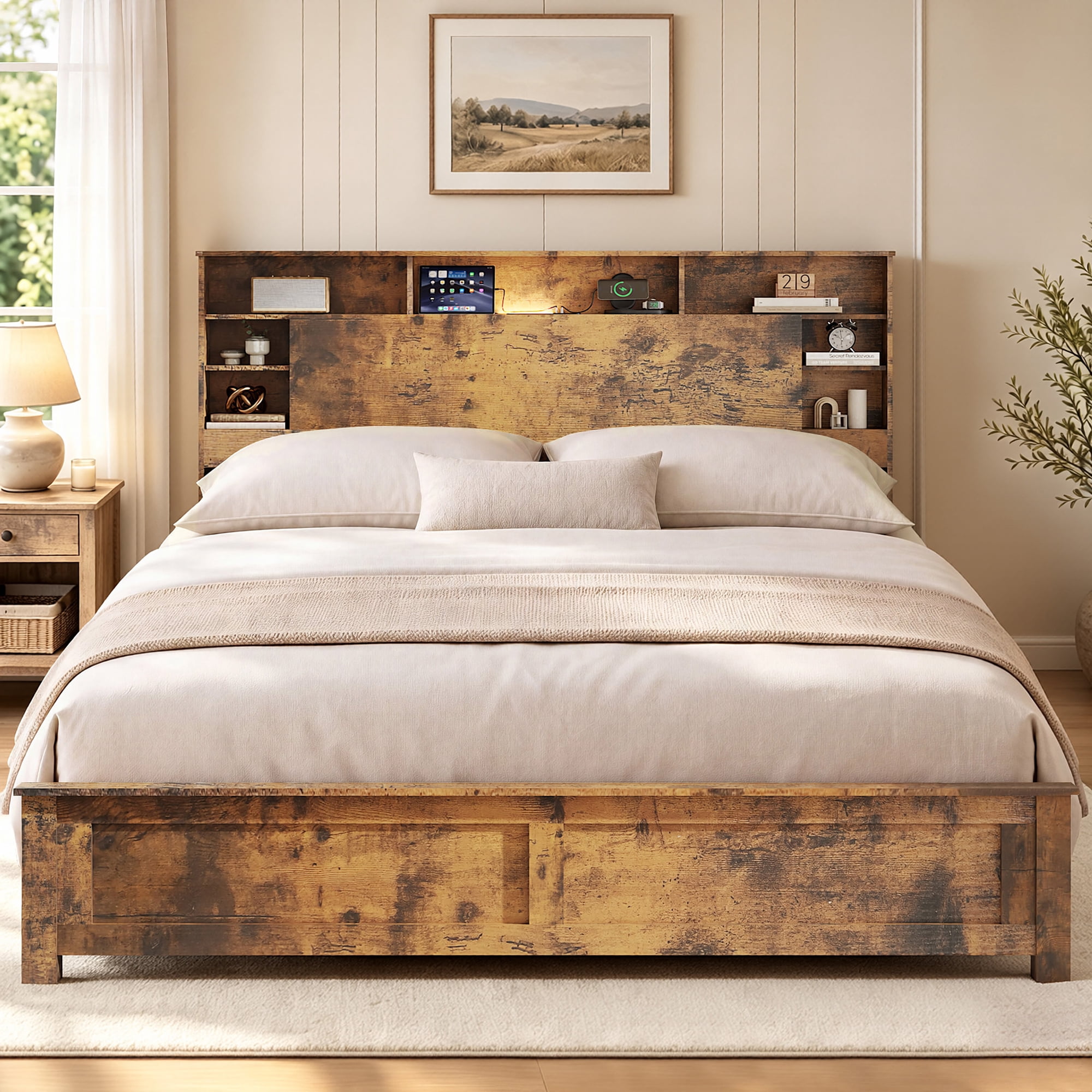 SESSLIFE Queen Bed Frame with Storage Headboard and Charging Station, Rustic Wood Platform Bed Frame with Bookcase Headboard, LED Light, Wood Slat Support, 800 lbs, No Box Spring Needed, Dark Brown