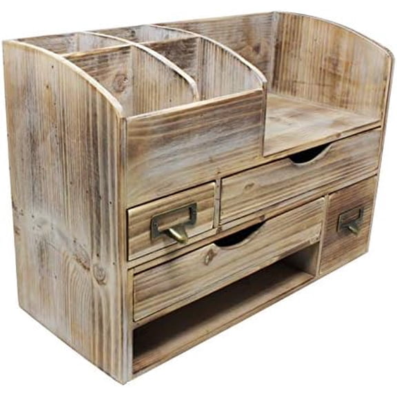 Large Adjustable Wooden Office Desk Organizer For Desktop, Tabletop, or Counter – Wood Storage Shelf Rack – For Office Supplies, Desk Accessories, or Mail - Barnwood (WO13)