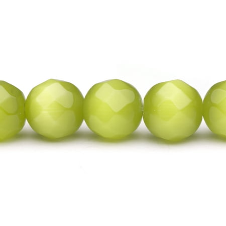 Faceted Cats Eye Round Glass - Bright Olive Cat's Eye Beads Faceted Round Fiber Optic Glass Beads 12mm