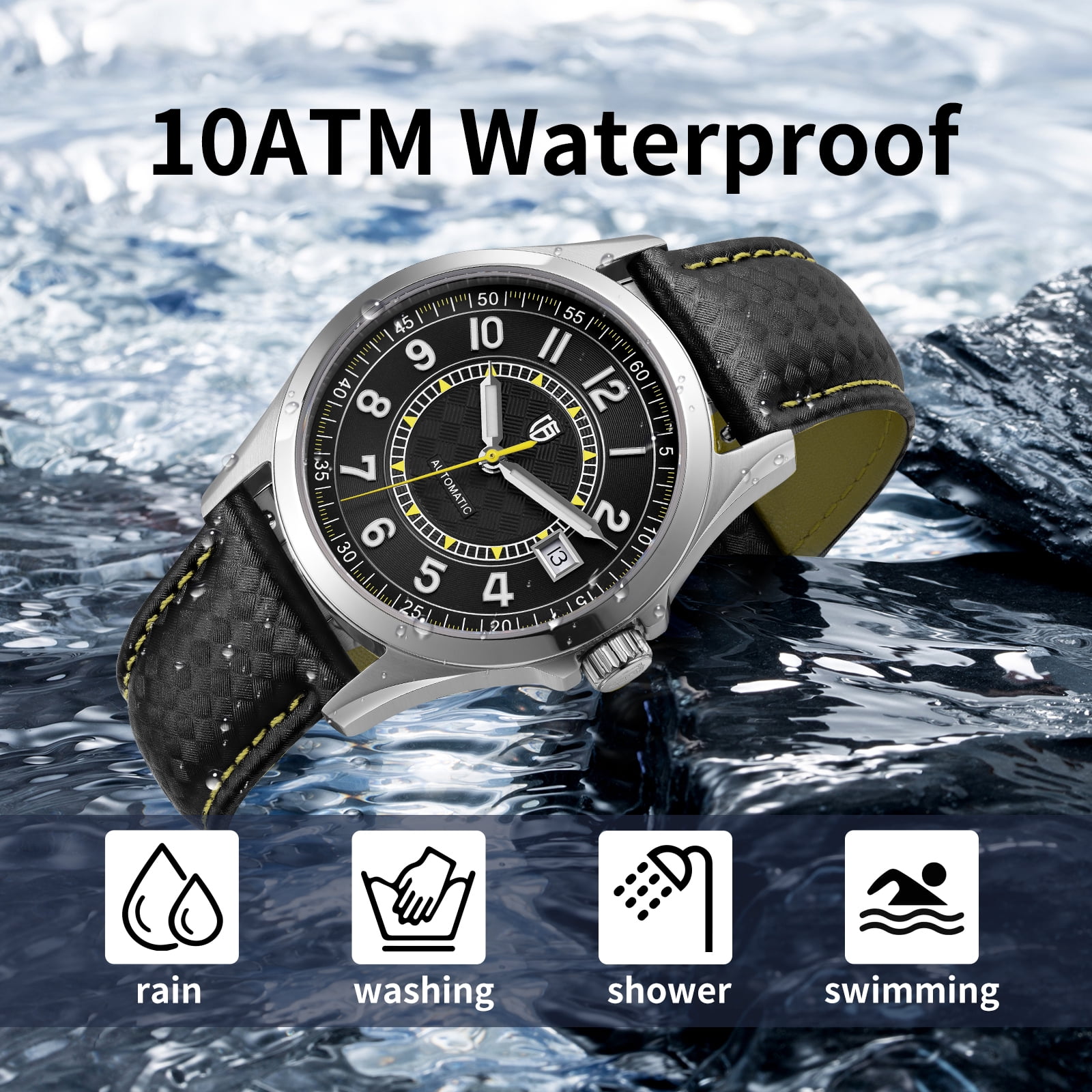BERNY Men's Automatic Watch, Leather Strap Mechanical Watch with Date, Super Luminous, Sapphire Crystal, 10ATM Waterproof, Fashion Casual Wristwatch for Men (Yellow)