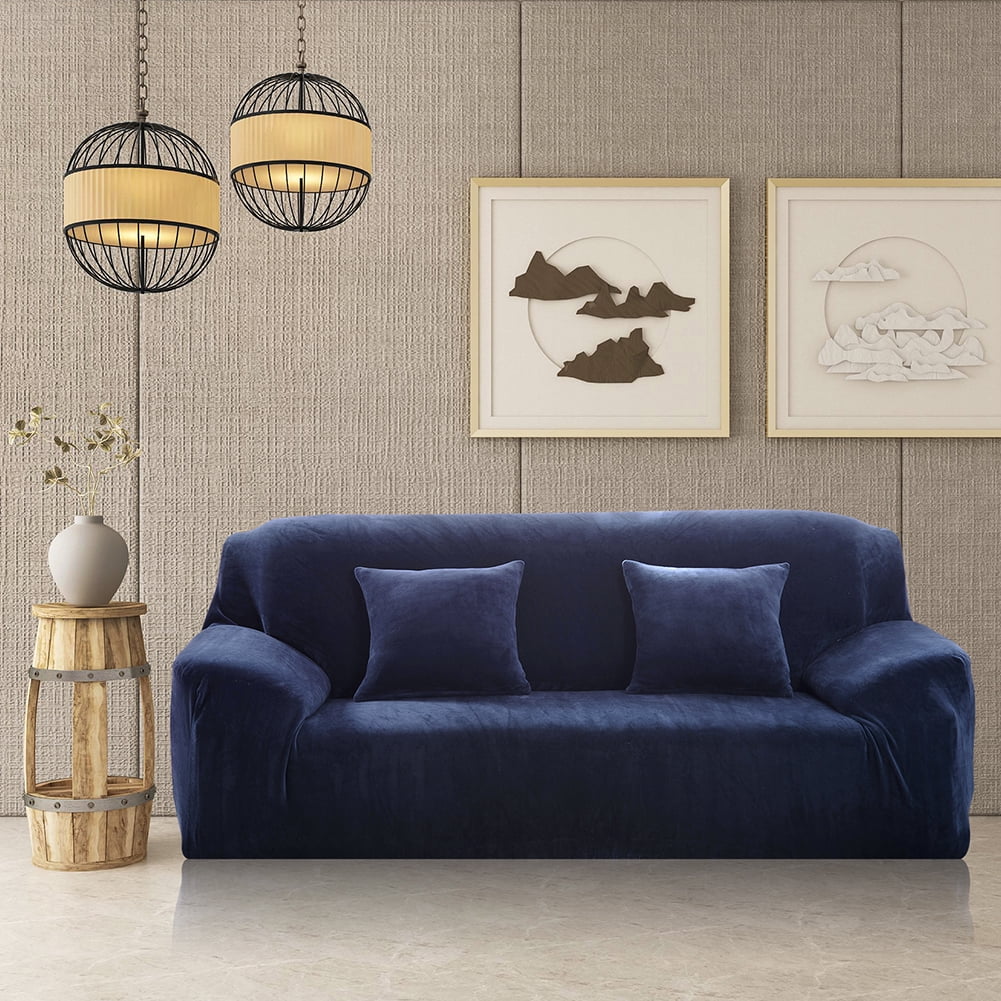 Thick Velvet Sofa Covers 1/2/3/4 Seater Pure Color Sofa Protector Stretch Non Slip Couch Cover Easy Fit Elastic Fabric Stretch Couch Slipcover(Blue, 3-Seater Sofa)