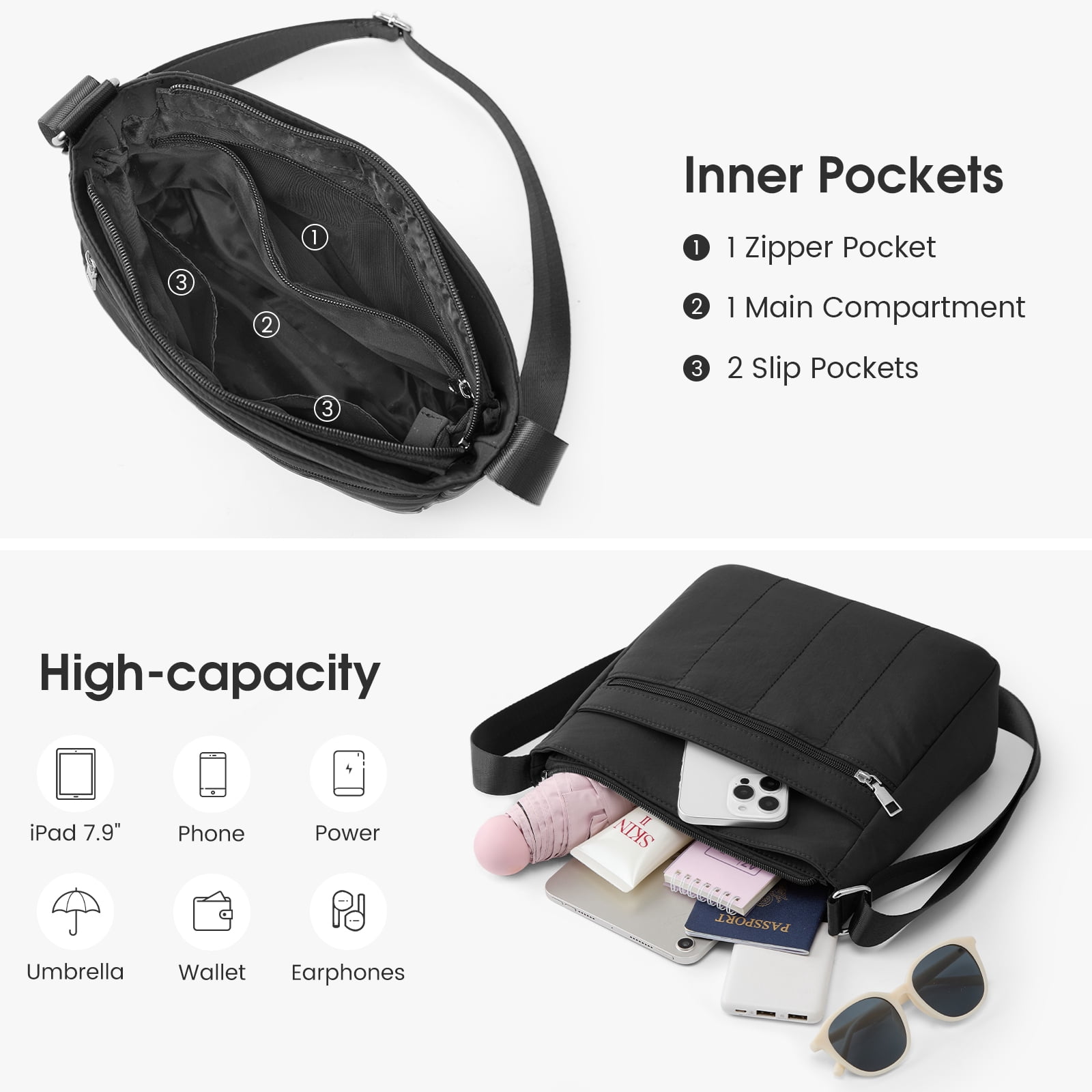 G4Free Nylon Crossbody Bags for Women, Lightweight Casual Quilted Shoulder Handbags for Travel Work