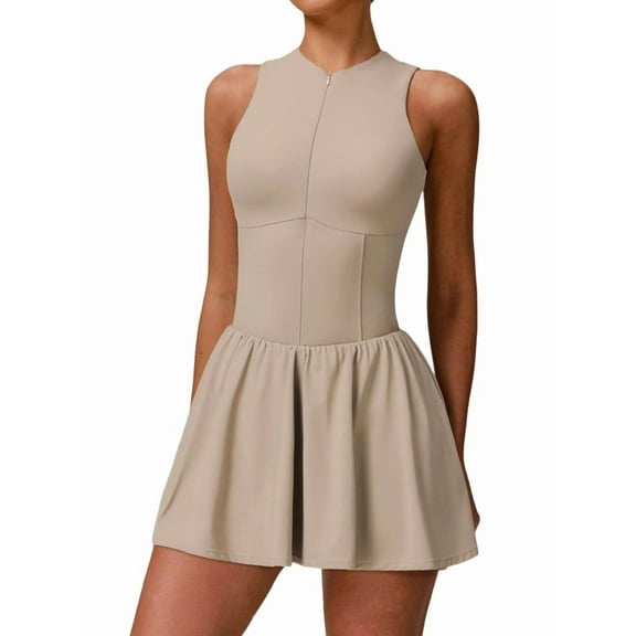 Womens Tennis Golf Dress with Built-in Bra Shorts Zipper Slim Fit A-Line Hem Skirt Athletic with Pockets Khaki M