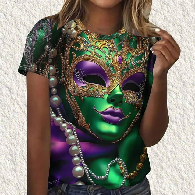 Économies d'Été Liquidation Iumwxz T-Shirts Mardi Gras pour Femmes Hauts Décontractés Blouse Graphique Carnaval Col Rond Manches Courtes Hauts Confortables pour Femmes Rendez-Vous